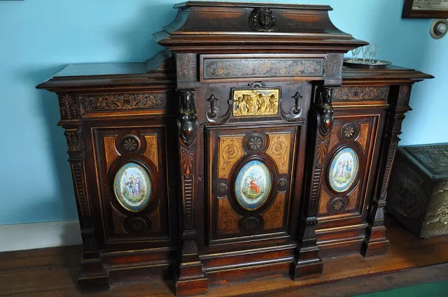 An ornately decorated chest in the LaPorte House