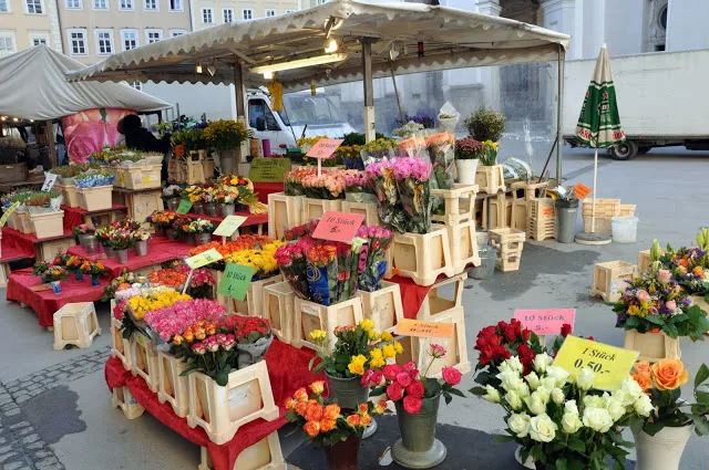 Bins full of flowers at the flower market in Salzaburg